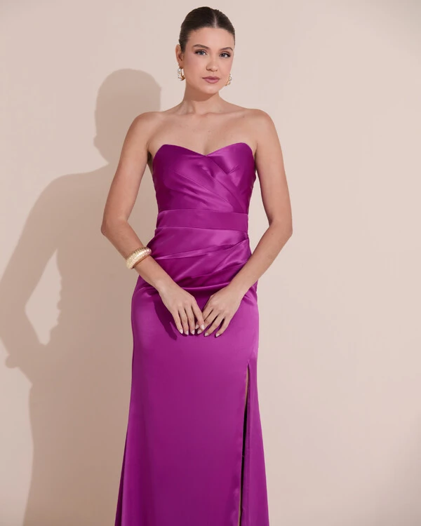 Vestido de Festa Longo Cetim Alfaiataria Tomara que Caia Fenda Fúcsia