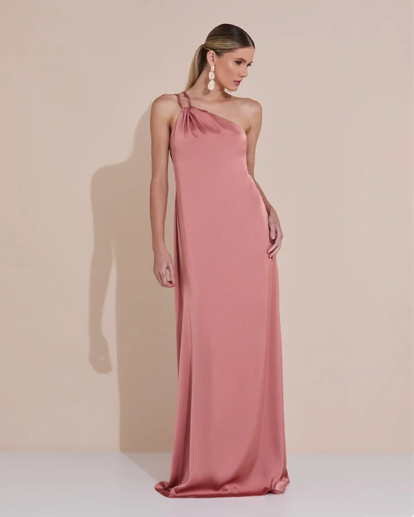 Vestido de Festa Longo em Cetim Fluido um Ombro Só com Lenço Rosa Blush