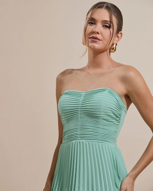 Vestido de Festa Longo Tomara que Caia Crepe Chiffon Plissado Camadas Verde Menta
