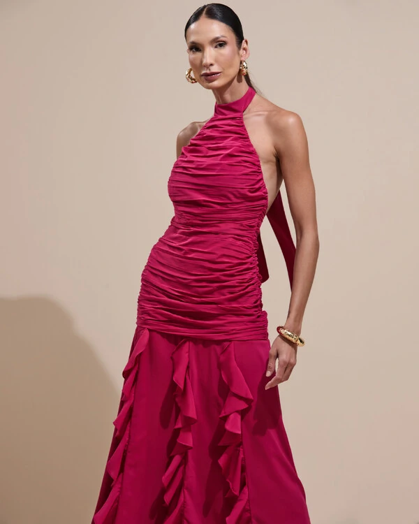 Vestido de Festa Longo Frente Única Crepe Chiffon Drapeado Babados Cascata Cereja