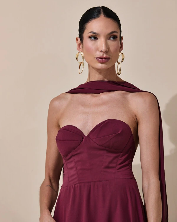Vestido de Festa Longo Tomara que Caia Crepe Chiffon Decote Coração Lenço Marsala