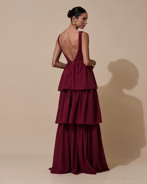 Vestido de Festa Longo Decote V Crepe Chiffon Plissado Camadas Babado Marsala New