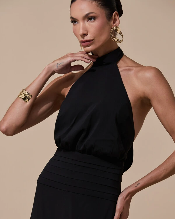 Vestido de Festa Longo Frente Única Busto Blousê Crepe Chiffon Drapeado Preto