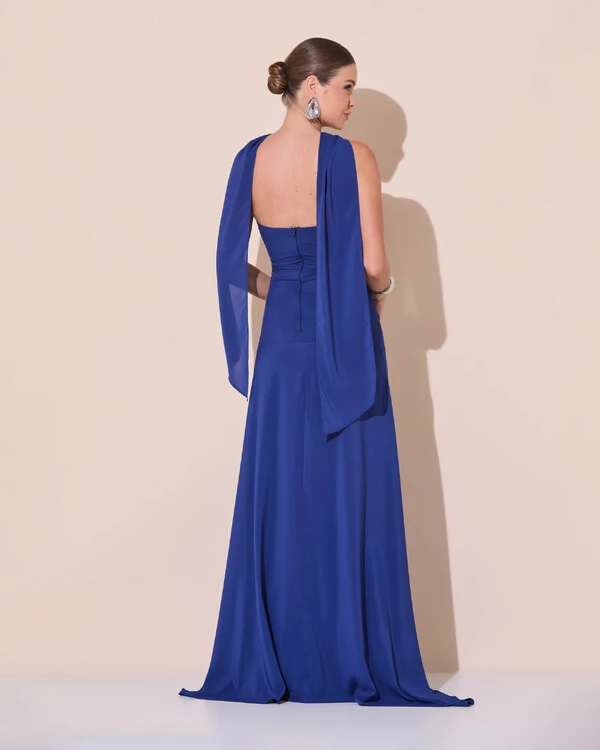 Vestido de Festa Longo Decote Coração Crepe Chiffon Drapeado Plissado Lenço Azul Marinho