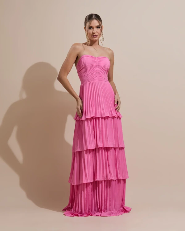 Vestido de Festa Longo Tomara que Caia Crepe Chiffon Plissado Camadas Rosa