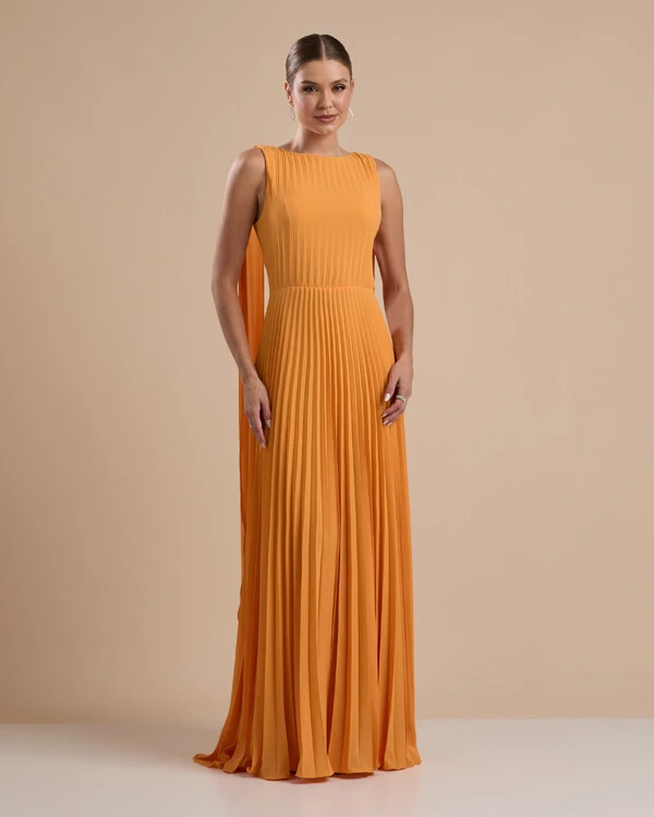 Vestido de Festa Longo Crepe Chiffon Plissado com Lenço nas Alças Laranja Manga