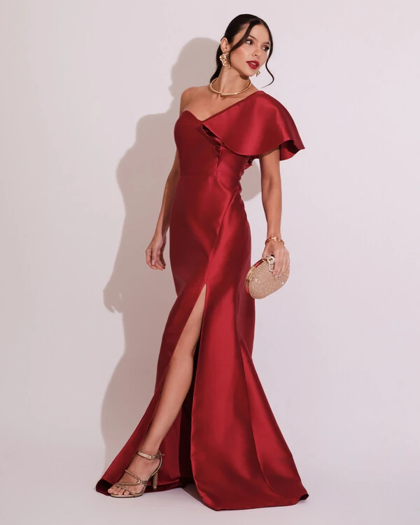 Vestido de Festa Longo um Ombro Tomara que Caia Zibeline Marsala