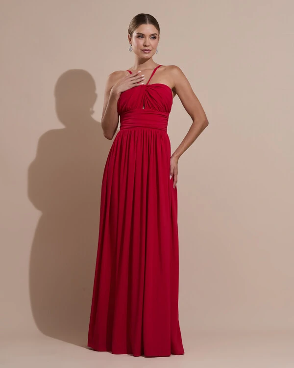 Vestido de Festa Longo Crepe Chiffon Drapeado com Alças Finas Vermelho