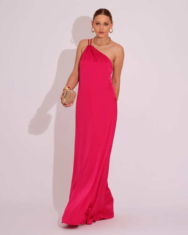 Vestido de Festa Longo em Cetim Fluido um Ombro Só Pink