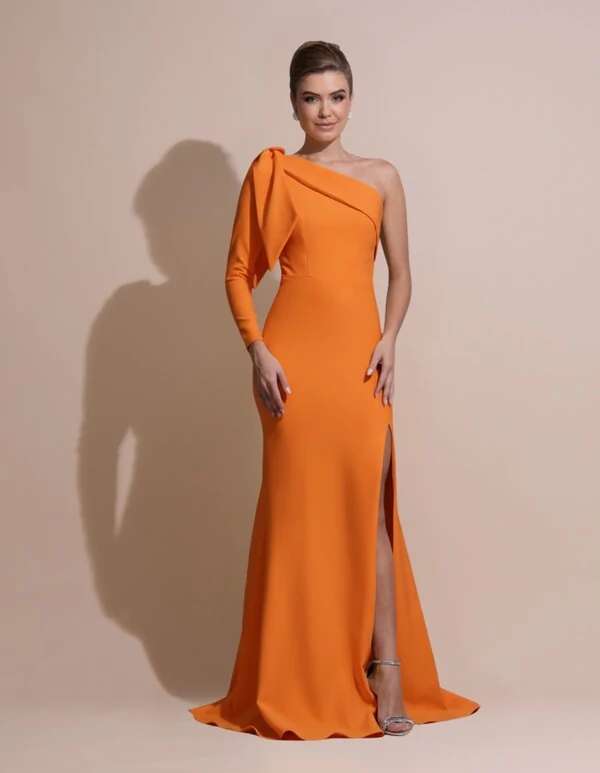 Vestido de Festa com Laço de Um Ombro em Alfaiataria Fenda Laranja