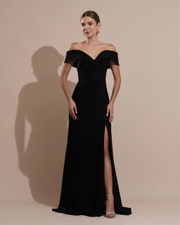 Vestido de Festa Longo Alfaiataria Ombro a Ombro com Fenda Preto