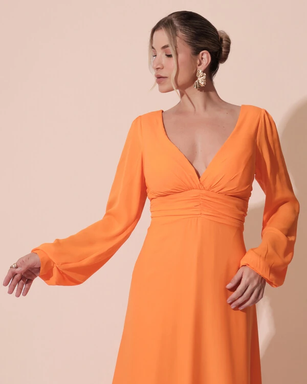 Vestido de Festa Manga Longa com Cintura Drapeada Decote V Laranja