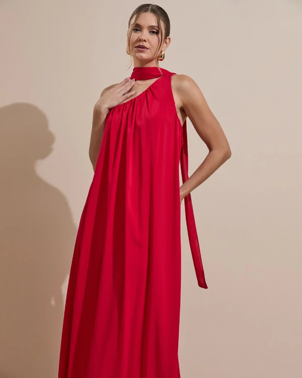 Vestido de Festa Longo Crepe Fluido um Ombro Só com Lenço Vermelho