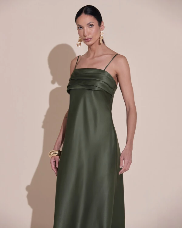 Vestido de Festa Midi Drapeado Cetim Verde Oliva