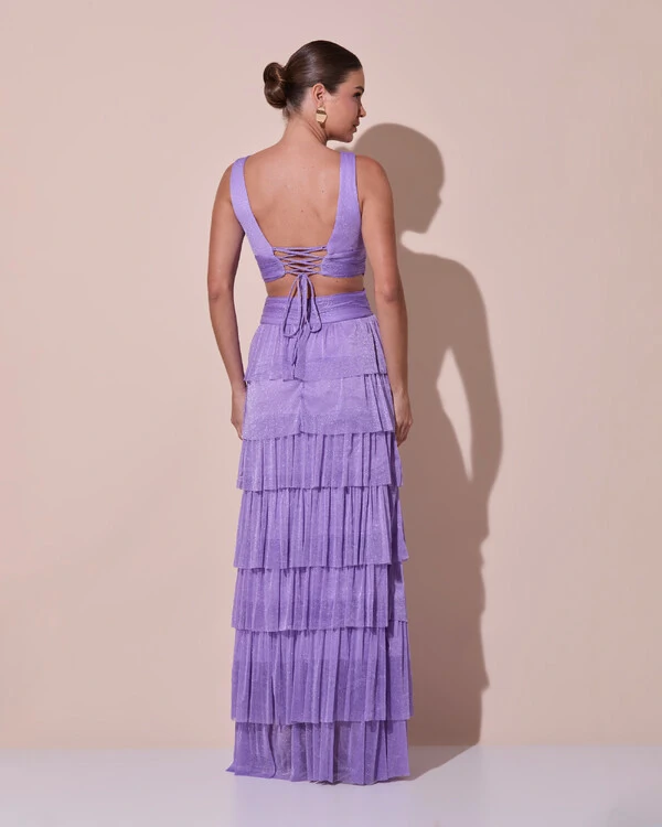 Vestido De Festa Longo Decote V Tule Brilho Recortes Camadas Lilás