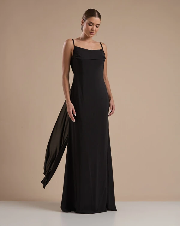 Vestido de Festa Longo Crepe Chiffon Costas Lenço Cauda Preto