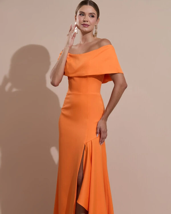 Vestido de Festa Longo Alfaiataria Ombro a Ombro com Babado Cascata Laranja