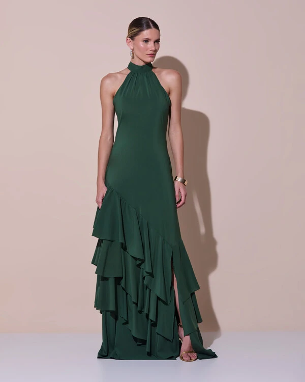 Vestido de Festa Longo Chiffon Crepe Gola Alta Babados Verde Escuro New