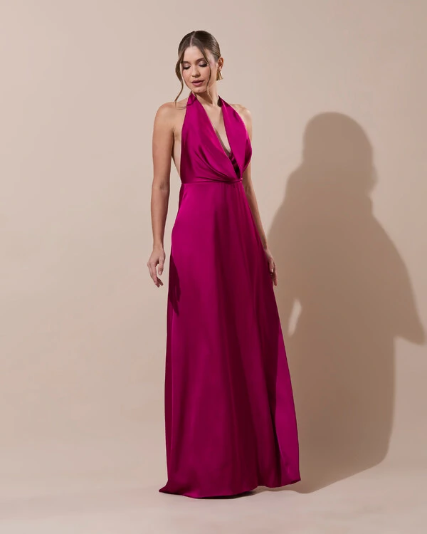 Vestido de Festa Longo Frente Única Degagê Cetim Fluido Beterraba