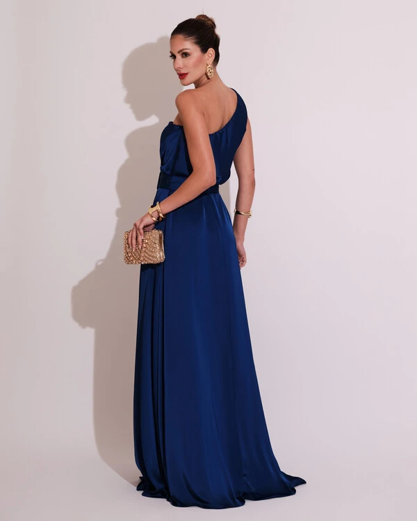 Vestido Longo um Ombro com Busto Blousê e Fenda Azul Royal