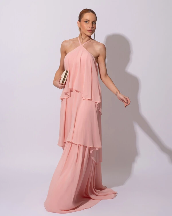 Vestido Longo Crepe Chiffon Babado em Camadas Rose Gold