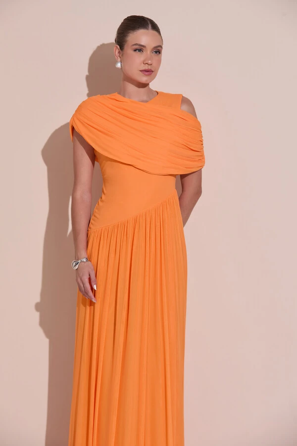 Vestido de Festa Longo Capa Drapeado Tule Saia Fluida Laranja New