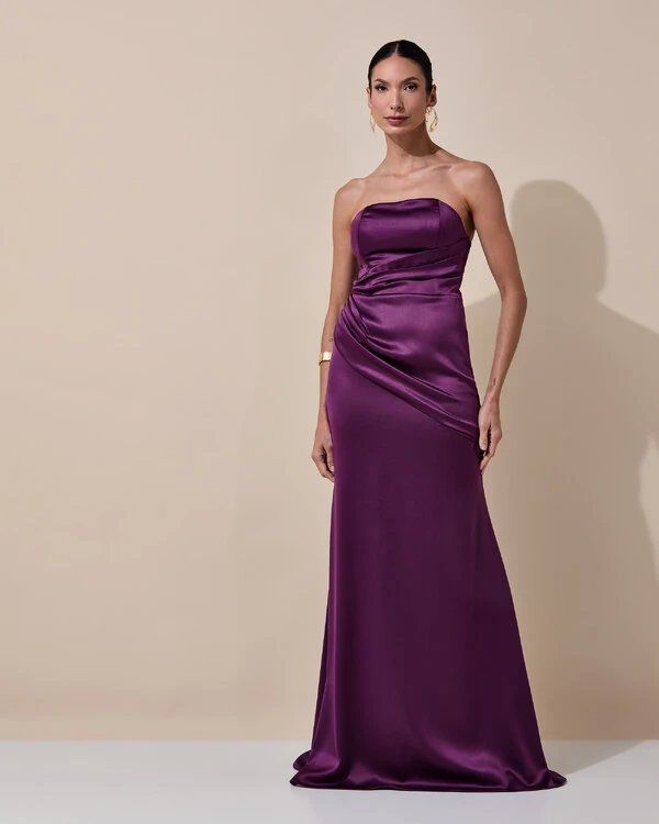 Vestido de Festa Longo Tomara que Caia Cetim Alfaiataria Drapeado Lenço Roxo