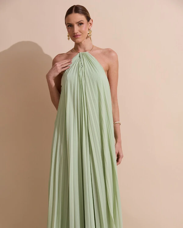 Vestido de Festa Longo Frente Única Plissado Crepe Chiffon Argola Verde Menta New