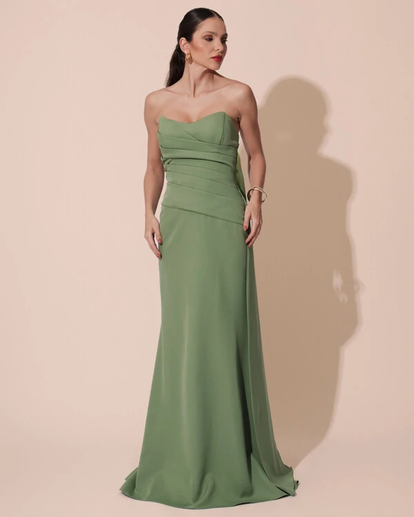 Vestido de Festa Longo Alfaiataria Tomara que Caia Drapeado Faixa Verde Matcha
