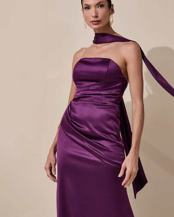 Vestido de Festa Longo Tomara que Caia Cetim Alfaiataria Drapeado Lenço Roxo