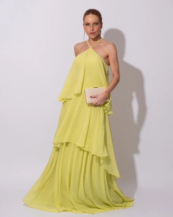 Vestido Longo Crepe Chiffon Babado em Camadas Verde Lima