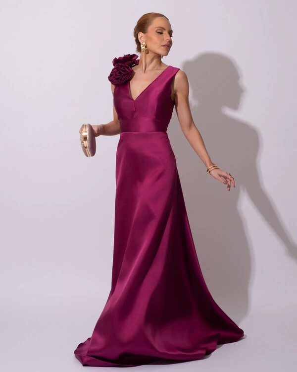 Vestido de Festa longo Zibeline Decote em V com Flores Removivel Fúcsia Beterraba