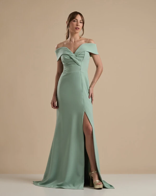 Vestido de Festa Longo Alfaiataria Ombro a Ombro com Fenda Verde Menta