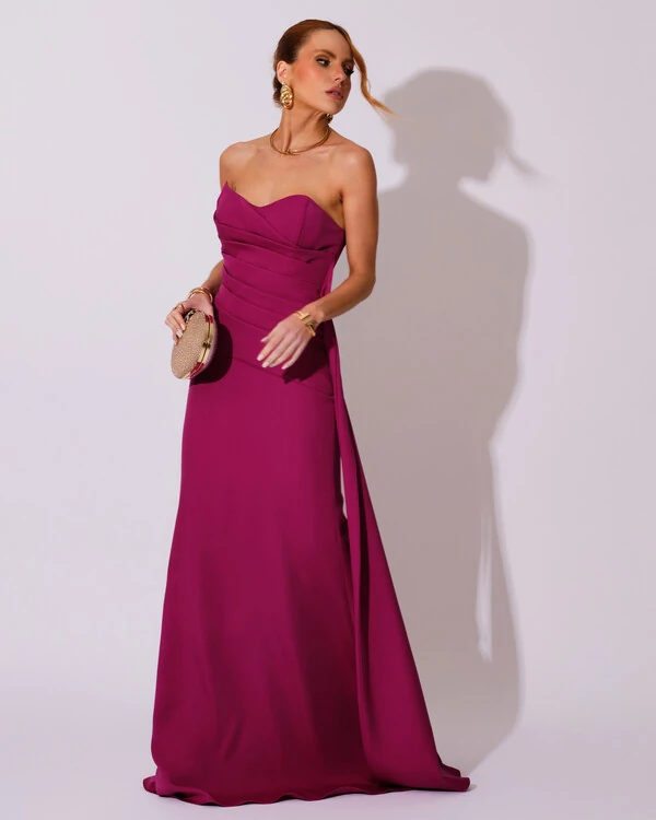 Vestido de Festa Longo Alfaiataria Tomara que Caia Drapeado Faixa Fúcsia Beterraba