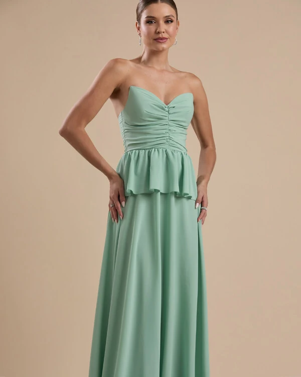 Vestido de Festa Longo Crepe Chiffon Tomara que Caia Peplum Drapeado Verde Menta