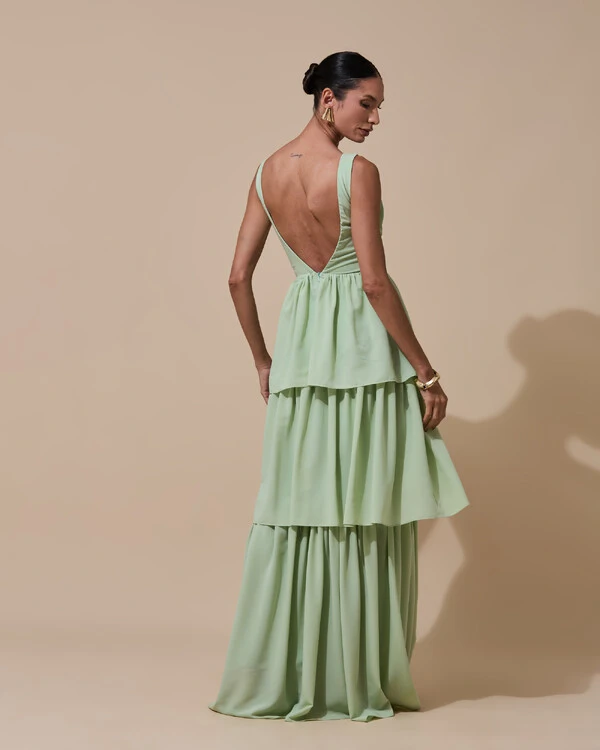 Vestido de Festa Longo Decote V Crepe Chiffon Plissado Camadas Babado Verde Menta New