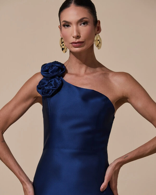 Vestido de Festa Longo Zibeline um Ombro Só Flor Removível Saia Sereia Azul Marinho