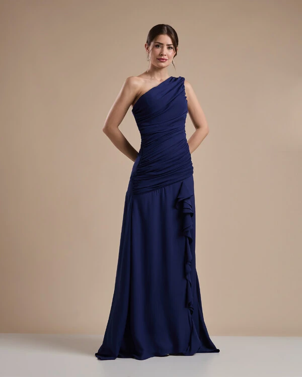 Vestido de Festa Longo Crepe Chiffon Um Ombro Só Drapeado com Babado Cascata Azul Marinho