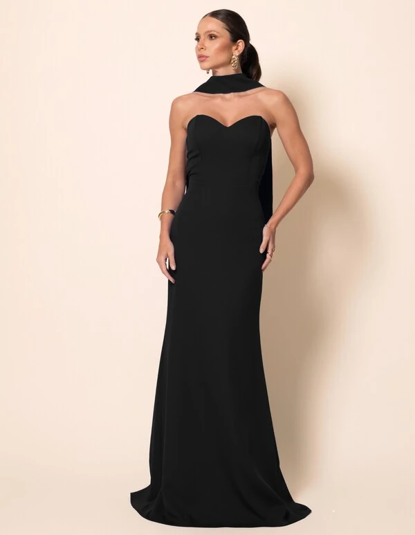 Vestido de Festa Longo Alfaiataria Tomara que Caia Saia Sereia com Lenço Preto