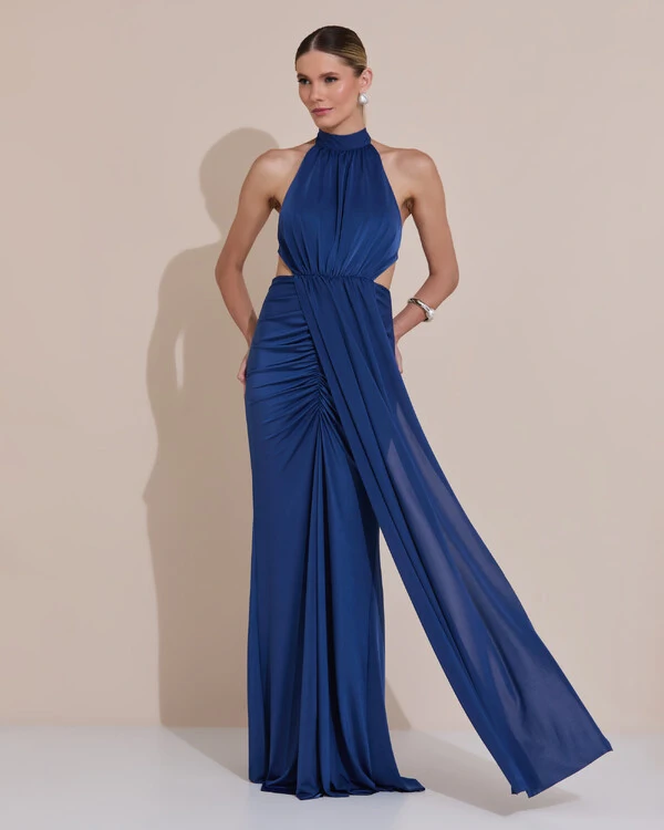 Vestido de Festa Longo Malha Jersey Gola Alta Saia Sereia Azul Marinho