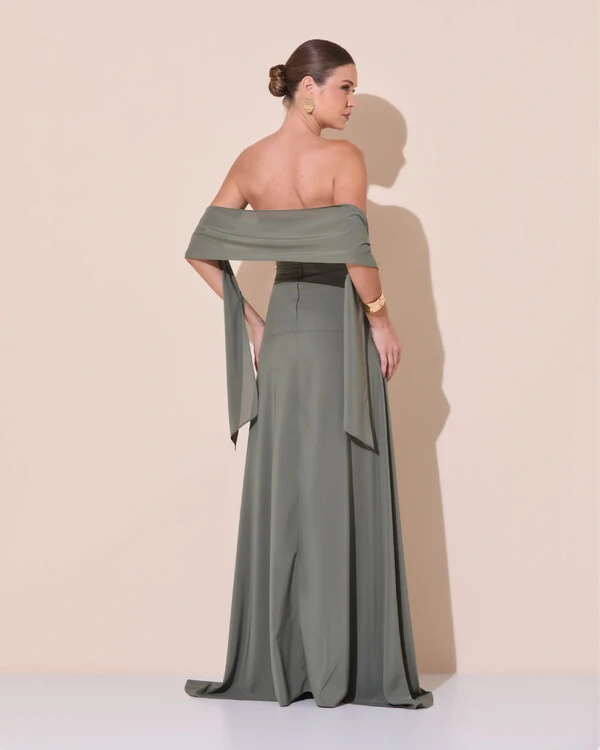 Vestido de Festa Longo Decote Coração Crepe Chiffon Drapeado Plissado Lenço Verde Oliva