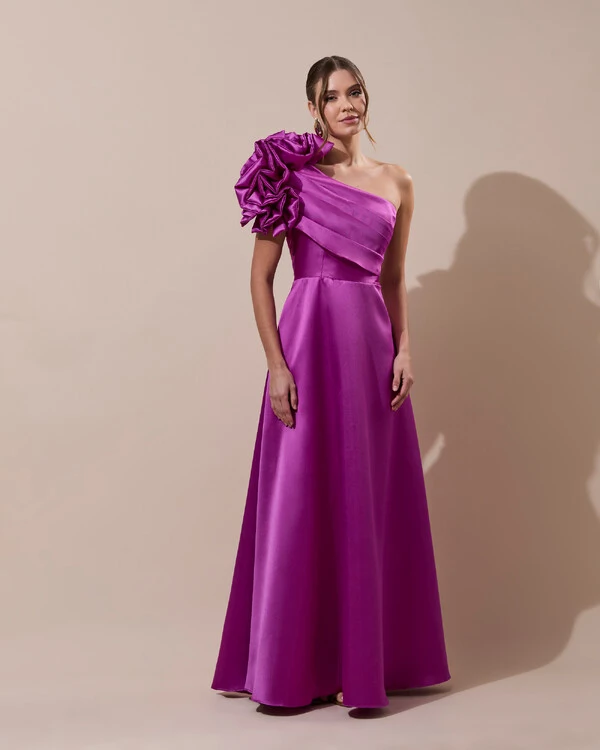 Vestido de Festa Longo Zibeline um Ombro Só Flor Drapeado Fúcsia