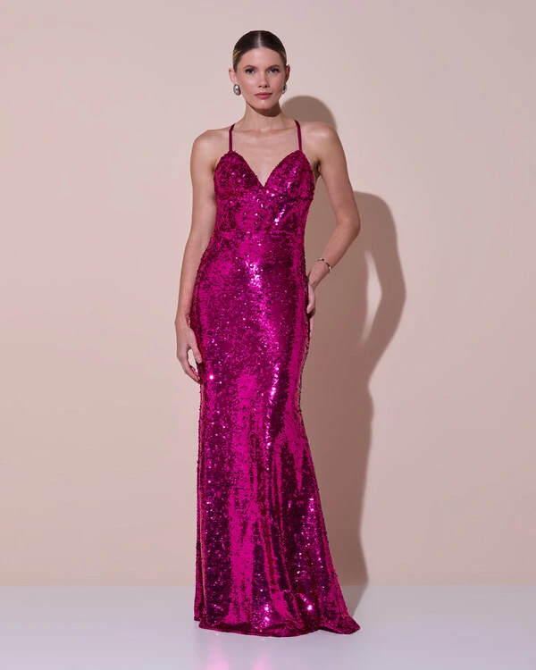Vestido de Festa Longo Decote V Paetê Alças Finas Saia Sereia Pink