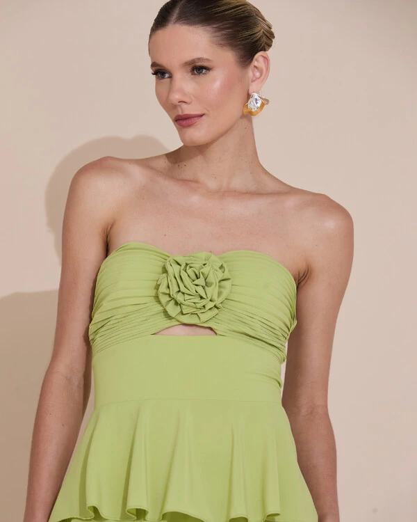 Vestido de Festa Longo Crepe Chiffon Tomara que Caia Plissado Flor Camadas Verde Claro