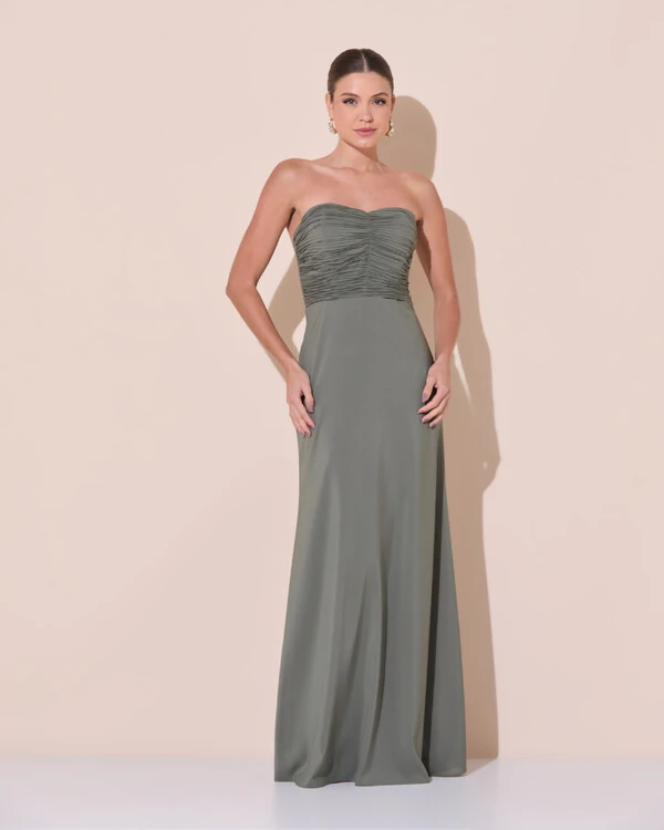 Vestido de Festa Longo Ombro a Ombro Plissado Crepe Chiffon Capa Flor 3D Verde Oliva