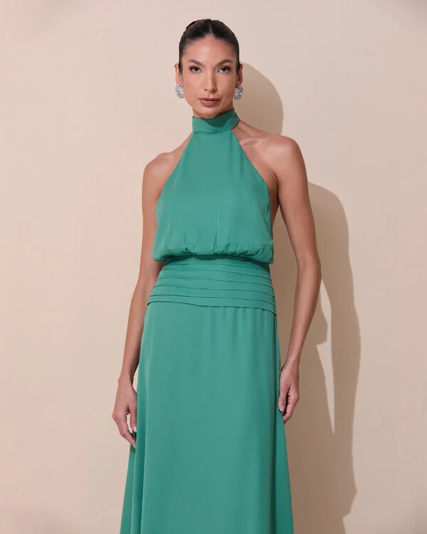 Vestido de Festa Longo Frente Única Busto Blousê Crepe Chiffon Drapeado Verde Matcha Escuro