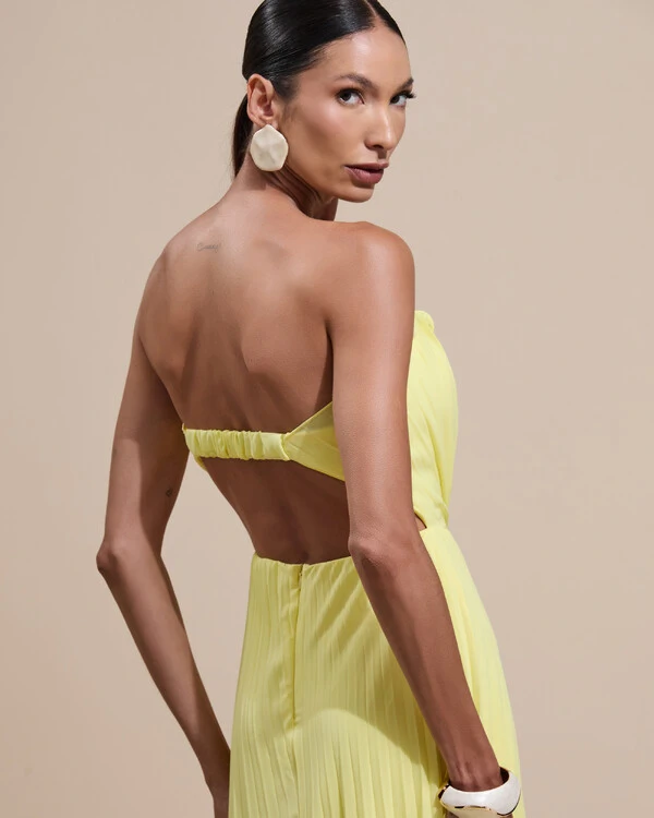 Vestido de Festa Longo Tomara que Caia Plissado Detalhe Amarelo Manteiga