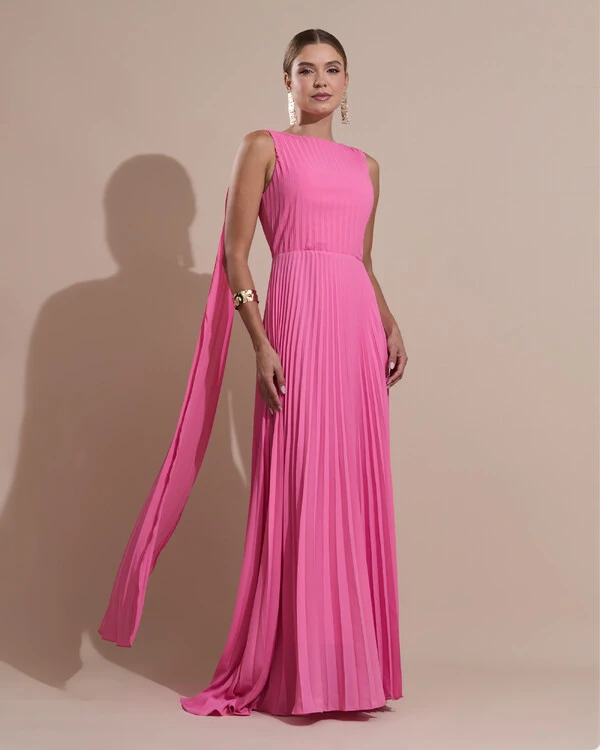 Vestido de Festa Longo Crepe Chiffon Plissado com Lenço nas Alças Rosa