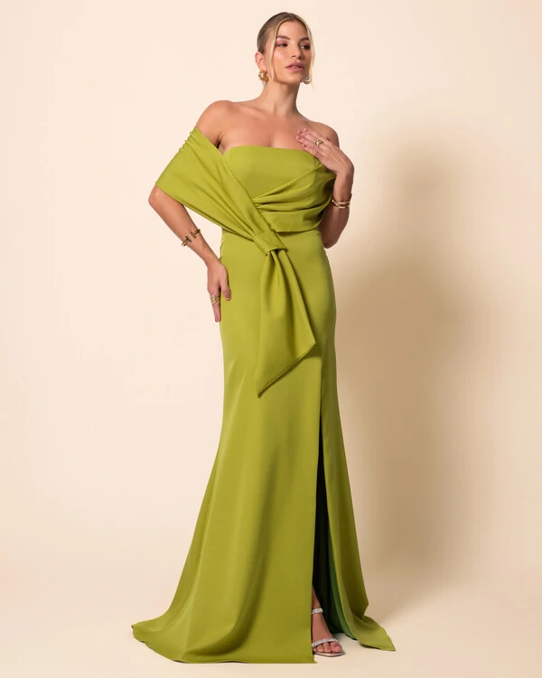 Vestido de Festa Longo Alfaiataria Ombro a Ombro Laço e Fenda Azul Verde Pistache