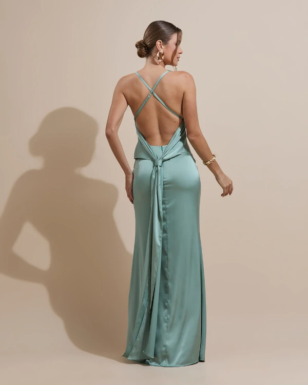 Vestido de Festa Longo Costas Abertas Laço Cetim Decote V Verde Menta